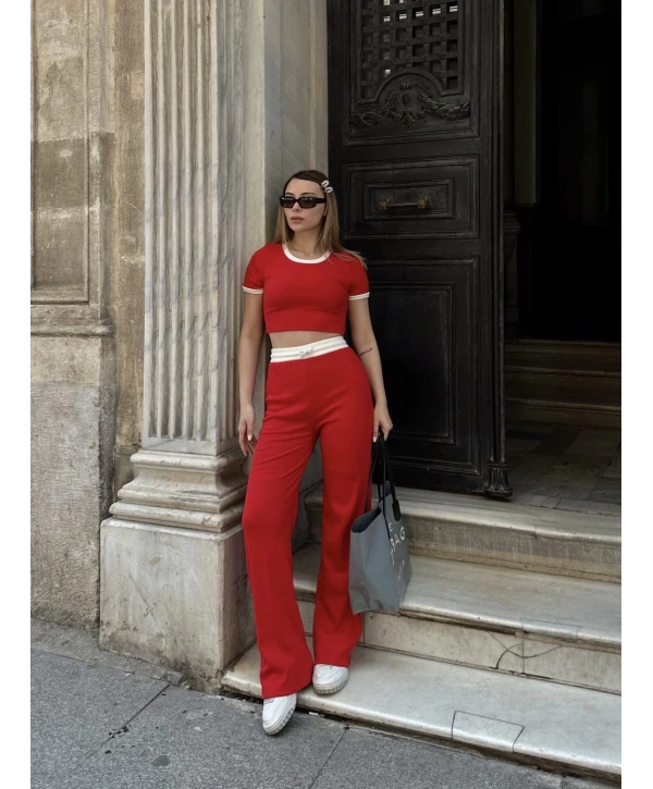 Crop pantolon biyeli takım kırmızı