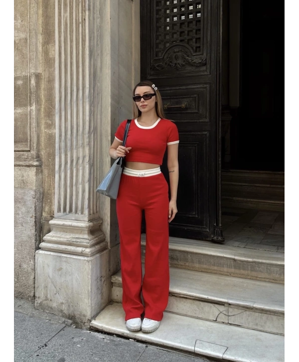 Crop pantolon biyeli takım kırmızı
