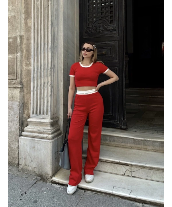 Crop pantolon biyeli takım kırmızı