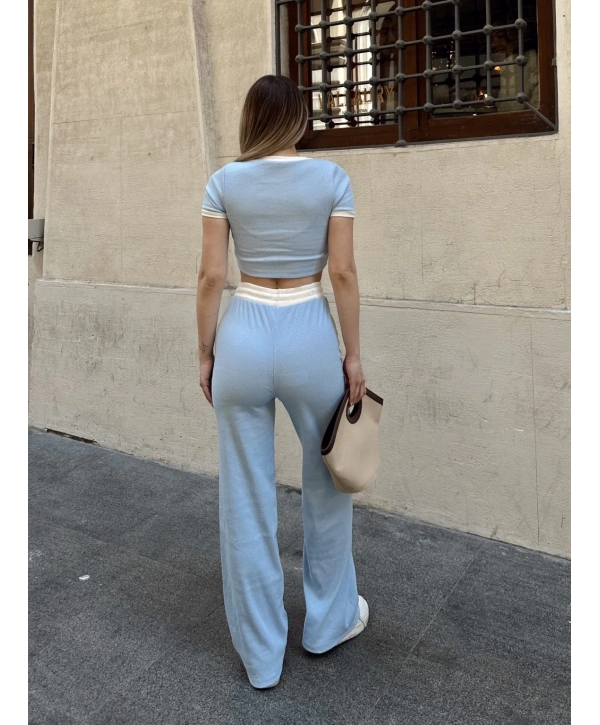 Crop pantolon biyeli takım mavi