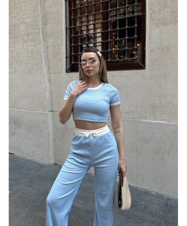 Crop pantolon biyeli takım mavi