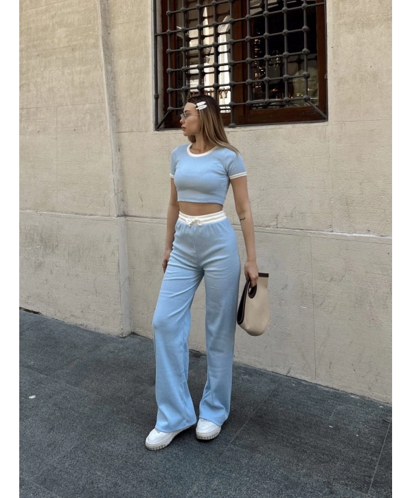 Crop pantolon biyeli takım mavi