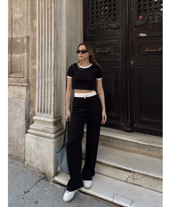 Crop pantolon biyeli takım siyah