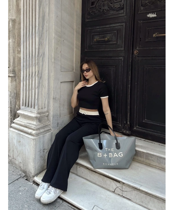 Crop pantolon biyeli takım siyah