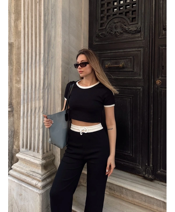Crop pantolon biyeli takım siyah