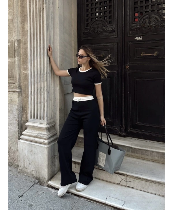 Crop pantolon biyeli takım siyah