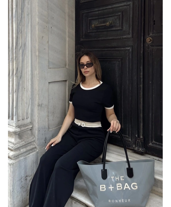 Crop pantolon biyeli takım siyah