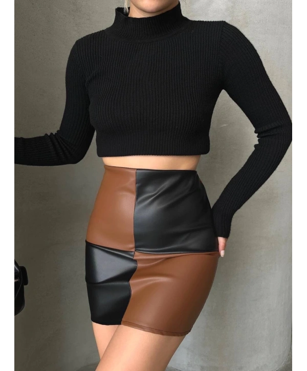 Damalı deri etek siyah kahve w24648