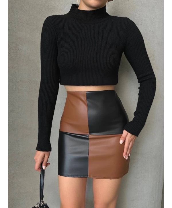 Damalı deri etek siyah kahve w24648