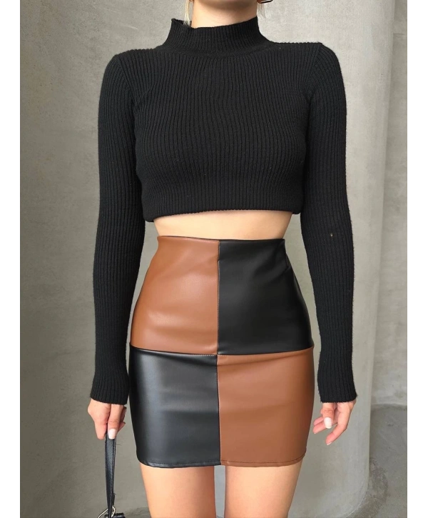 Damalı deri etek siyah kahve w24648