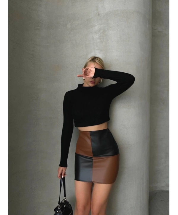 Damalı deri etek siyah kahve w24648