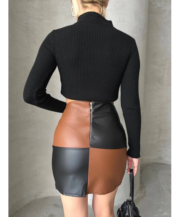 Damalı deri etek siyah kahve w24648