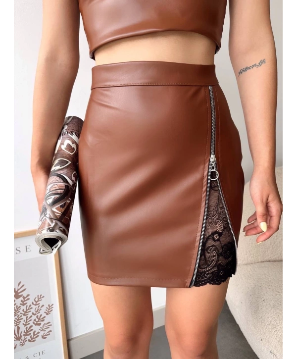 Dantelli fermuarlı deri etek kahve w24598