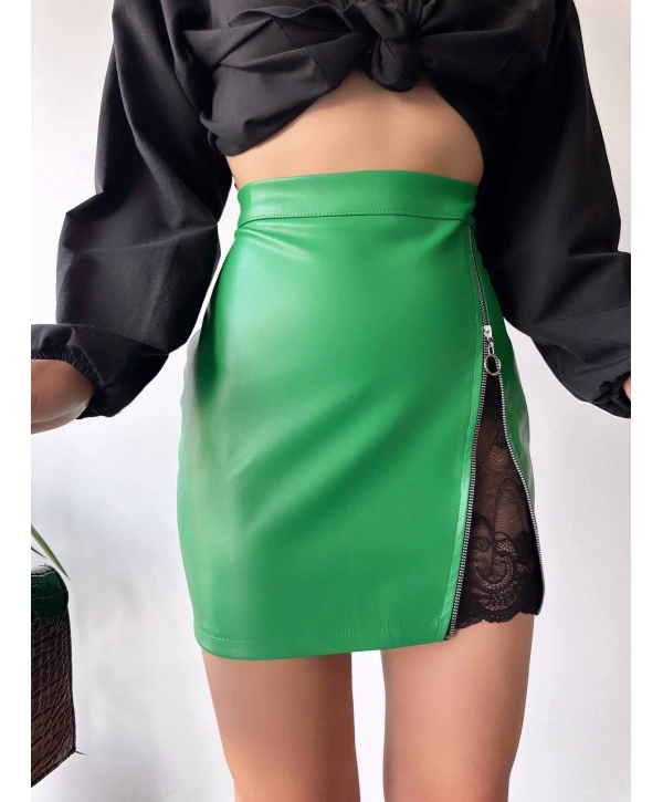 Dantelli fermuarlı deri etek yeşil w24598