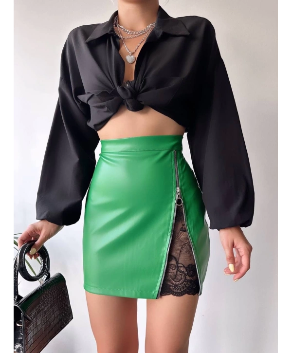 Dantelli fermuarlı deri etek yeşil w24598