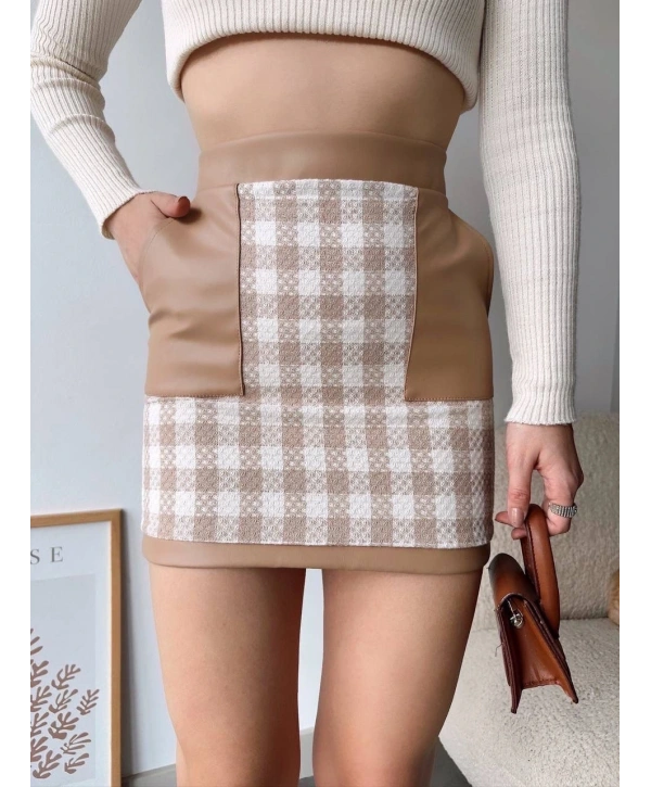 Deri cep garnili kaşe etek bej h24604