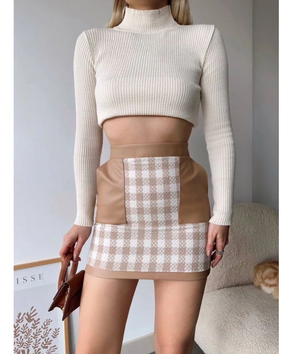 Deri cep garnili kaşe etek bej h24604