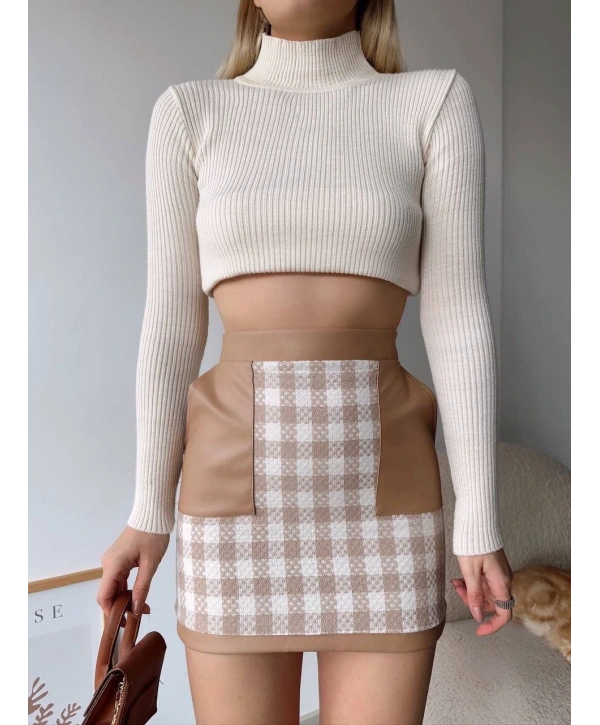 Deri cep garnili kaşe etek bej h24604