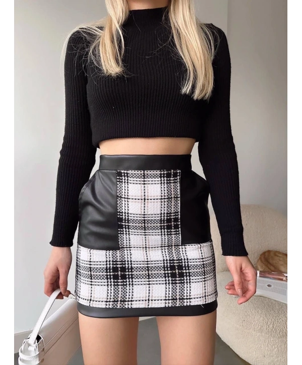 Deri cep garnili kaşe etek siyah h24604