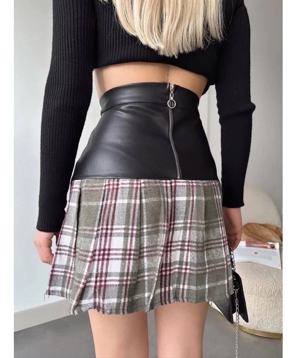 Deri garnili cepli ekose etek siyah s24604