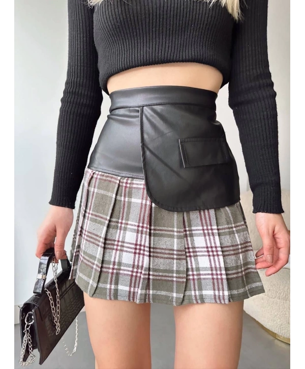 Deri garnili cepli ekose etek siyah s24604