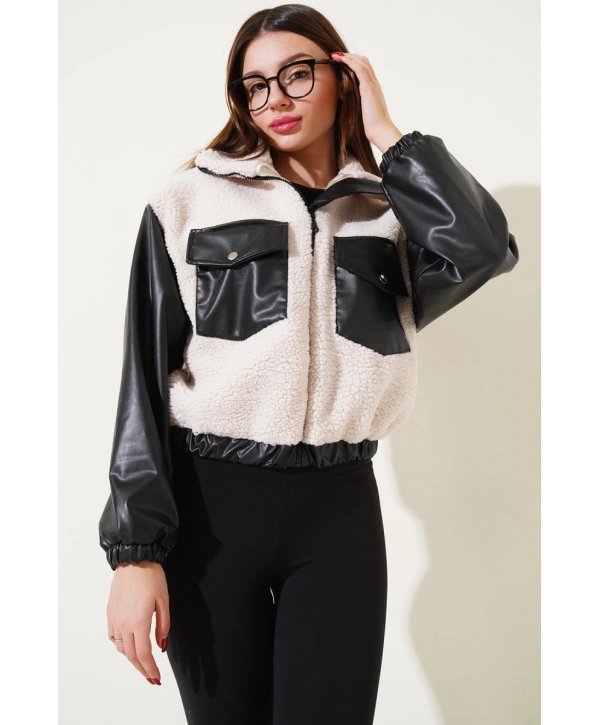 Deri garnili cepli peluş mont siyah t1253