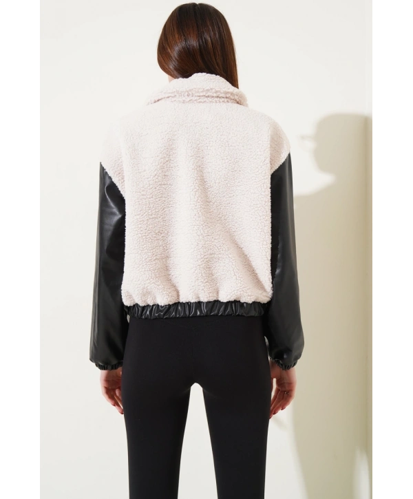 Deri garnili cepli peluş mont siyah t1253