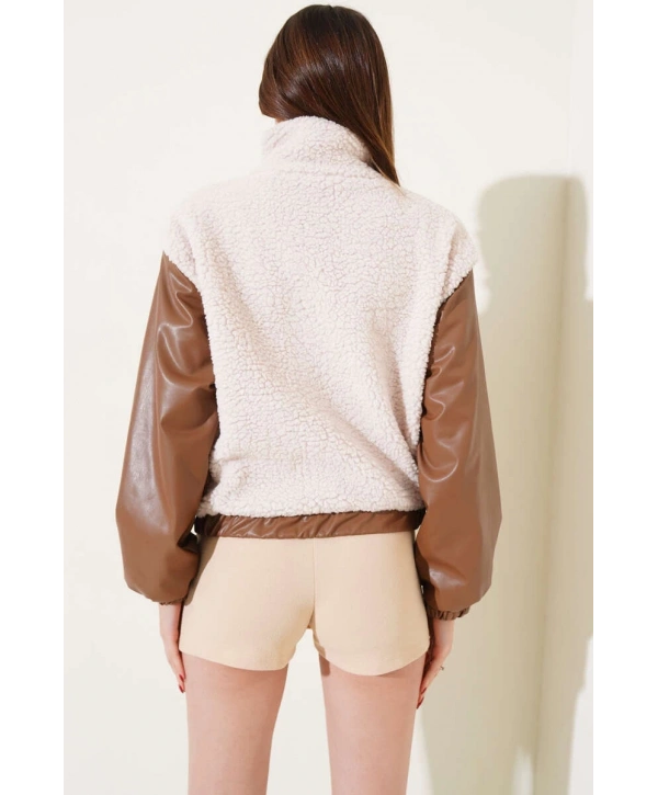 Deri garnili cepli peluş mont taba t1253