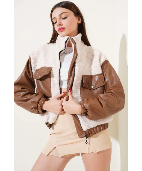 Deri garnili cepli peluş mont taba t1253