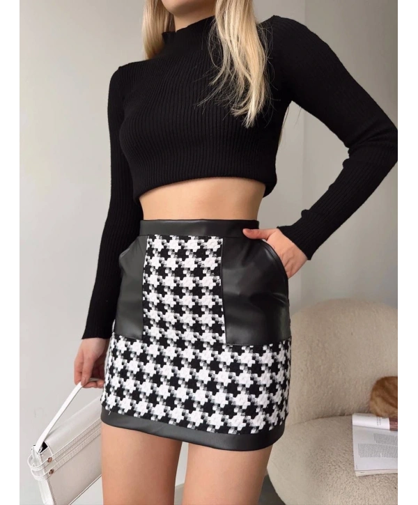 Deri garnili kaz ayağı kaşe etek siyah h24604