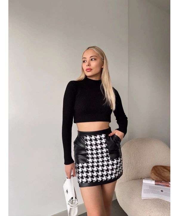 Deri garnili kaz ayağı kaşe etek siyah h24604