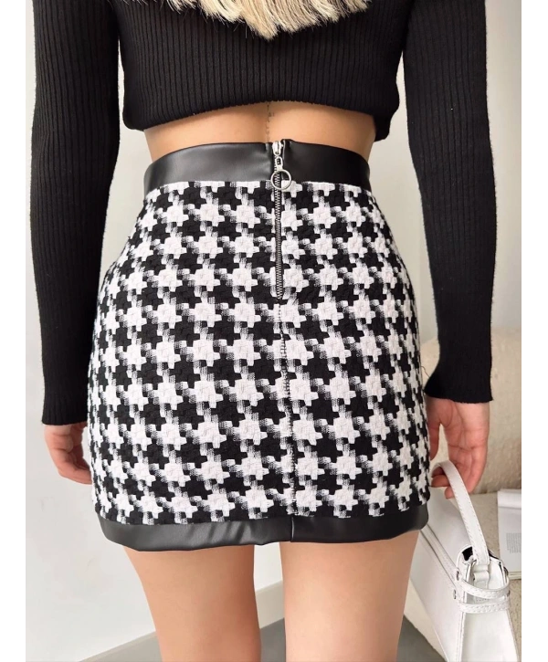 Deri garnili kaz ayağı kaşe etek siyah h24604