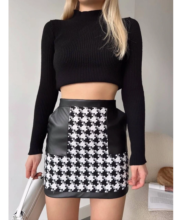 Deri garnili kaz ayağı kaşe etek siyah h24604