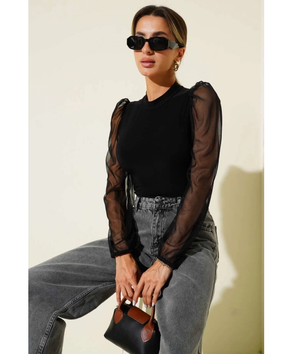 Dik yaka tül kollu bluz siyah t3066