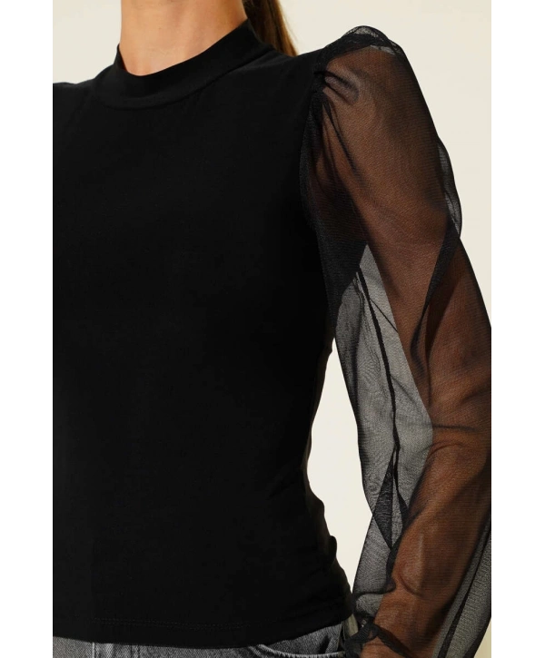 Dik yaka tül kollu bluz siyah t3066