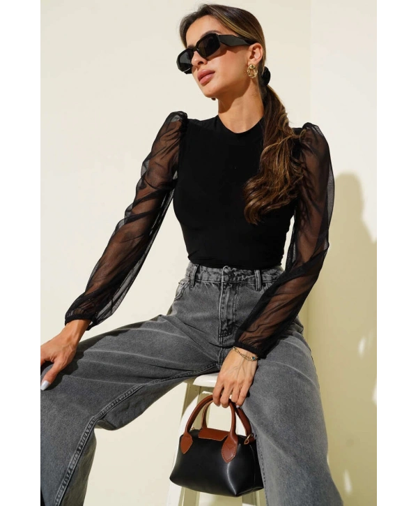 Dik yaka tül kollu bluz siyah t3066