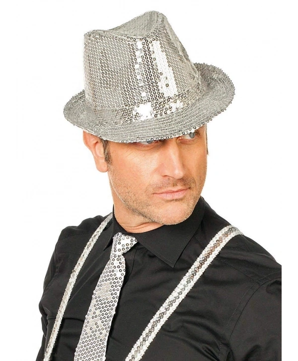 Disko  Gümüş Payetli Fötr Şapka Yetişkin Boy