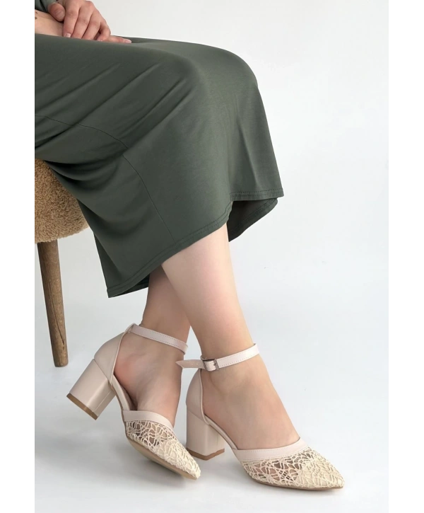 Dmop Bej Cilt Tül Detaylı Topuklu Ayakkabı