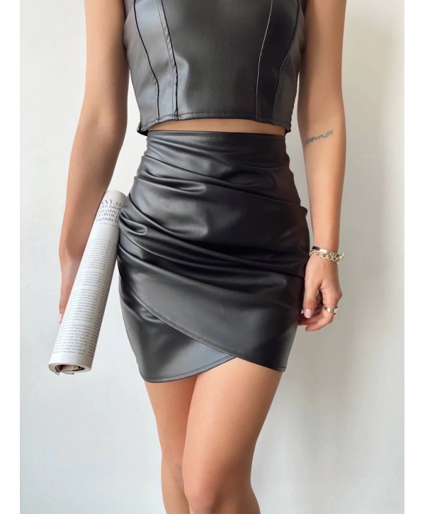 Drapeli deri etek siyah w26771