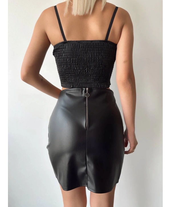 Drapeli deri etek siyah w26771