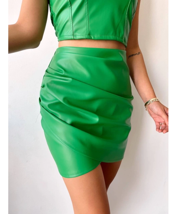 Drapeli deri etek yeşil s24771