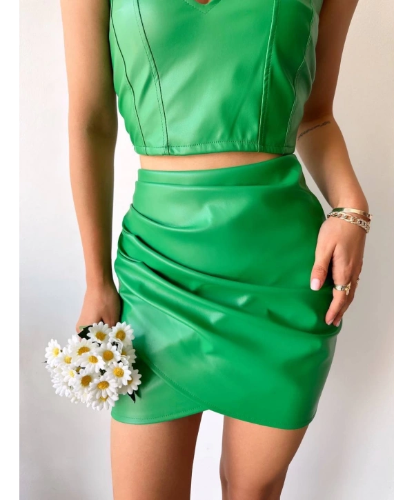 Drapeli deri etek yeşil s24771