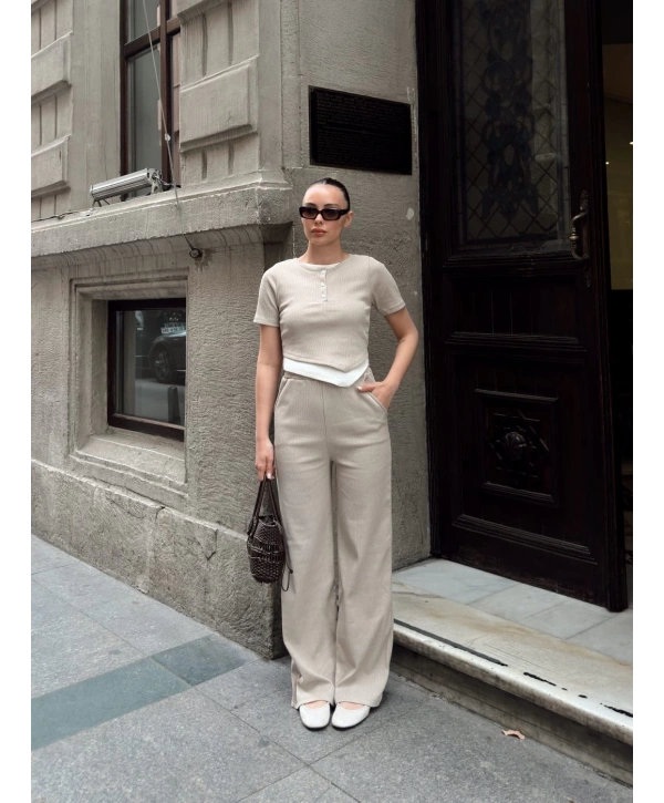 Düğme yakalı bej alt üst takım s3943