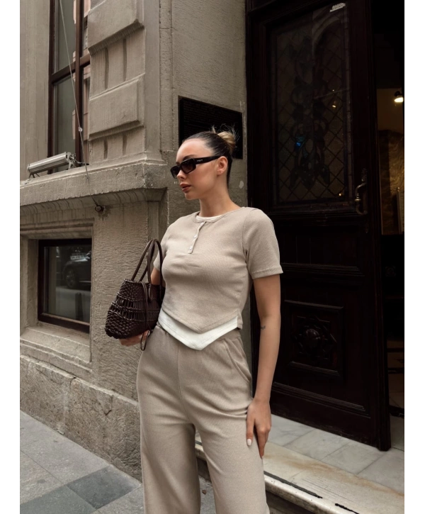 Düğme yakalı bej alt üst takım s3943