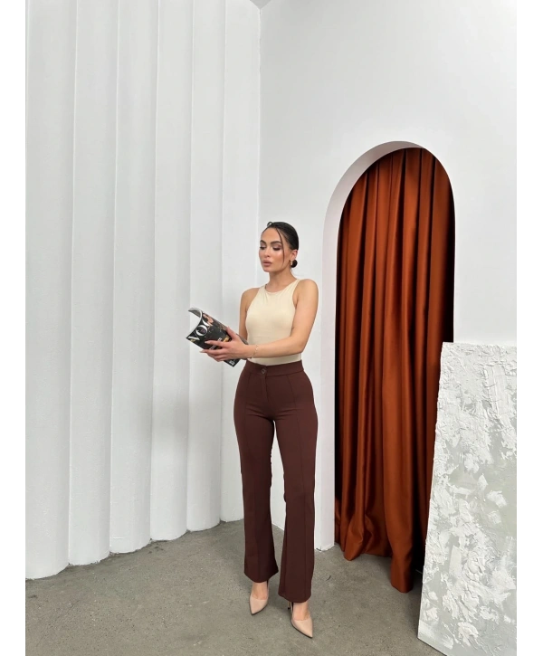 Düğmeli Palazzo pantolon kahve p170091