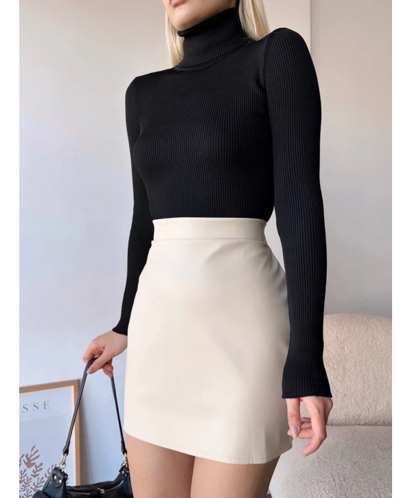 Düz deri etek bej h24468