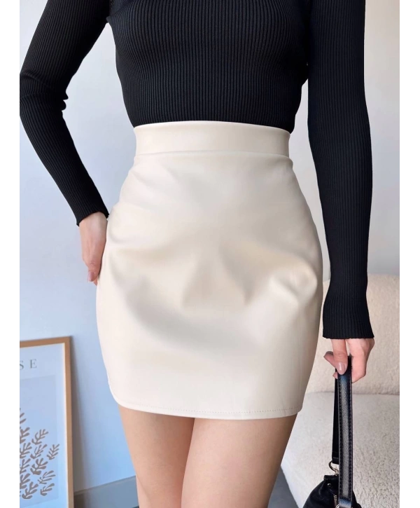 Düz deri etek bej h24468