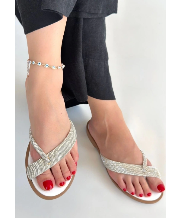 Eday Gümüş Boncuk İşlemeli Terlik