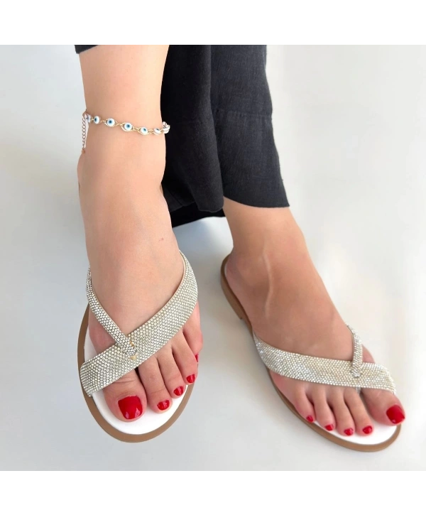 Eday Gümüş Boncuk İşlemeli Terlik