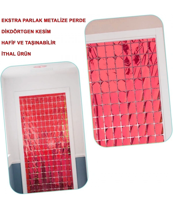 Ekstra Metalize Kırmızı Renk Disko Dikdörtgen Kesim Kapı Perdesi Dekorasyon 1x2 Metre